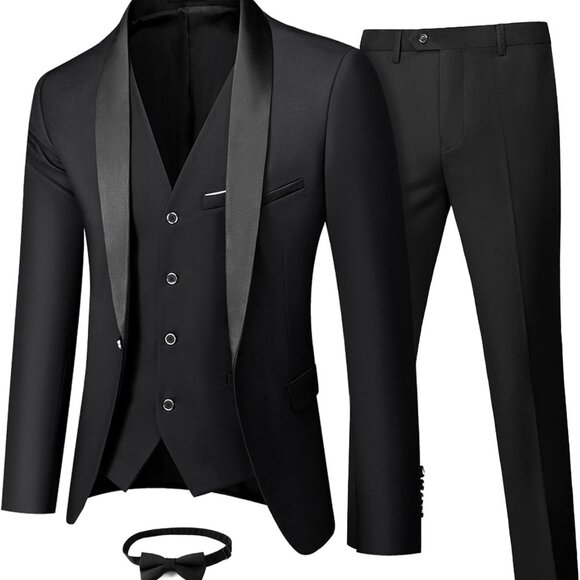 Men's 4-Piece Black Slim Fit Wedding Tuxedo Set with Vest & Bow Tie - Small